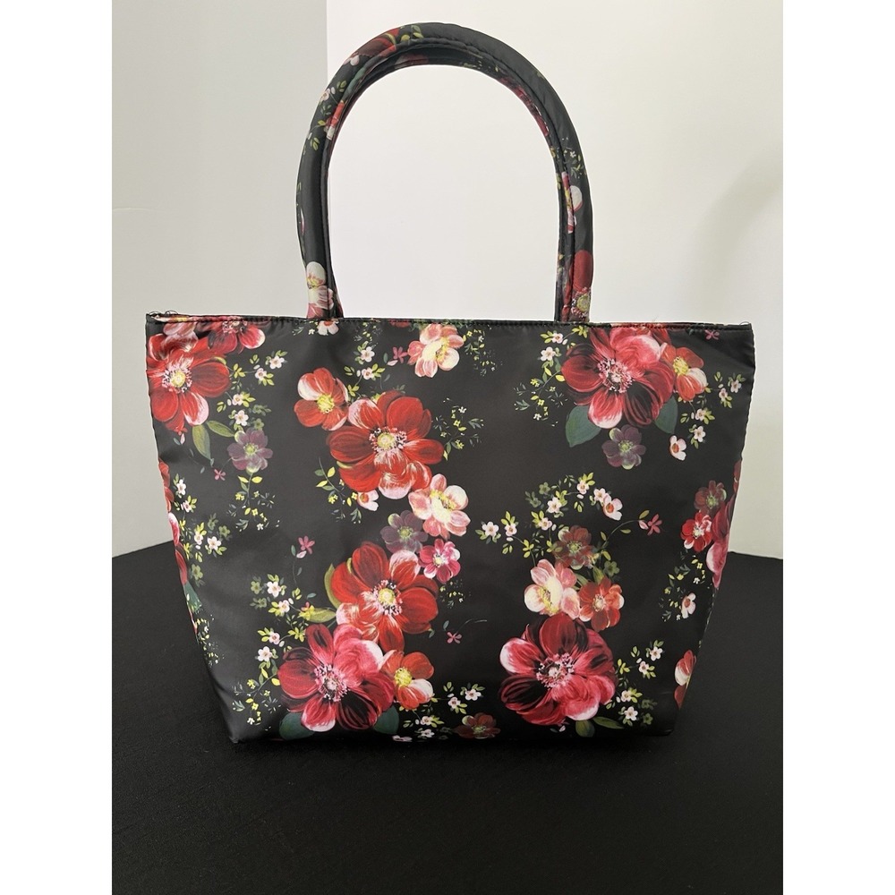 Enchante Accessories NY Insulated Lunch Tote Bag Black Red Floral Zippered A374